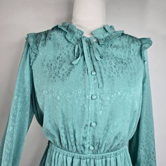 LC Conrad Sage Pistachio Green Edwardian High Collar Ruffle Long Sleeve Dress - Picture 6 of 9